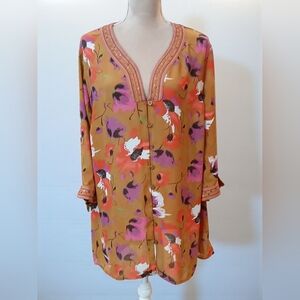 Maggie Barnes Orange Floral Flowy Sequin Lightweight Tunic Peasant Womans 1x